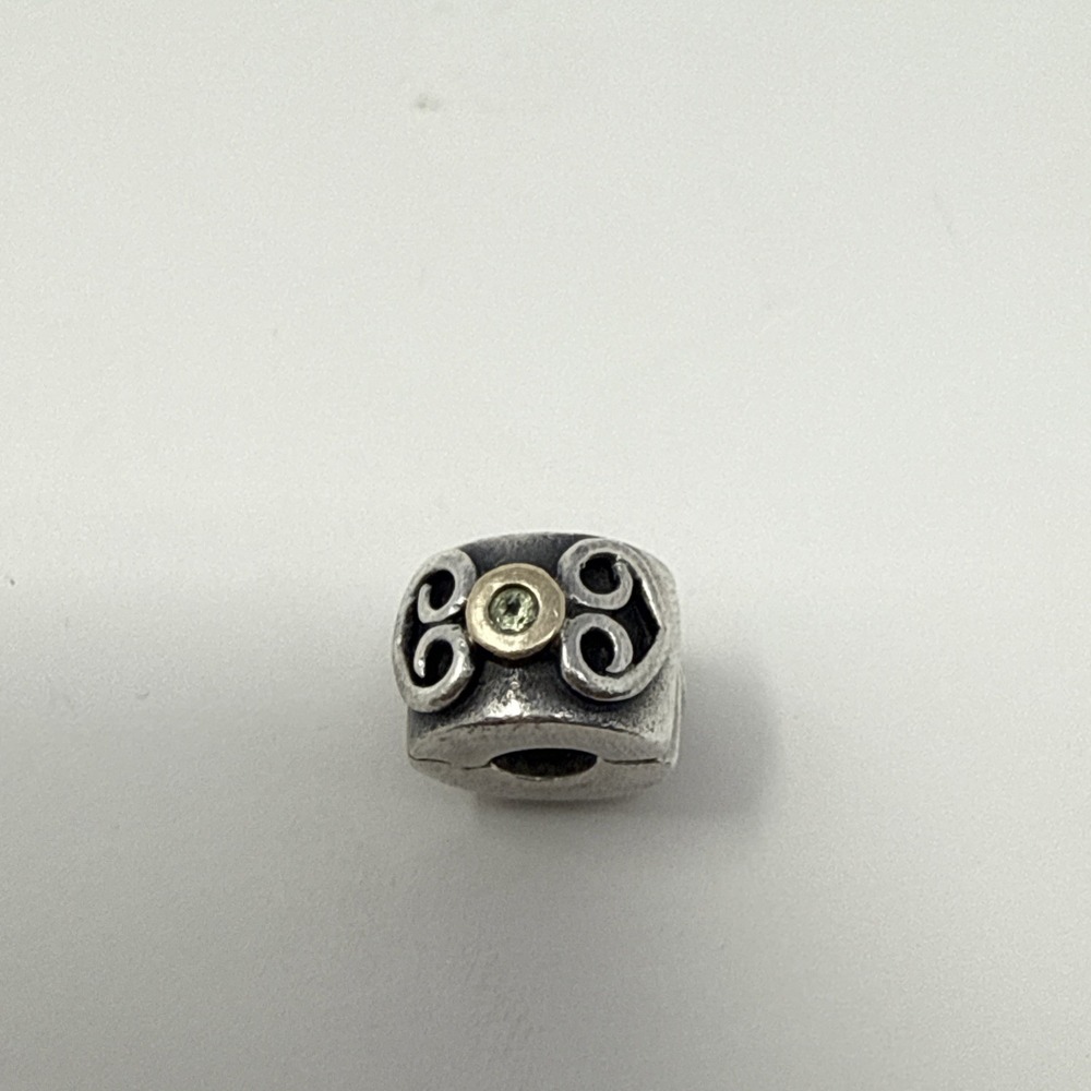 Retired Pandora ALE 14K Bezel Peridot Double Heart Scroll Clip –  926
